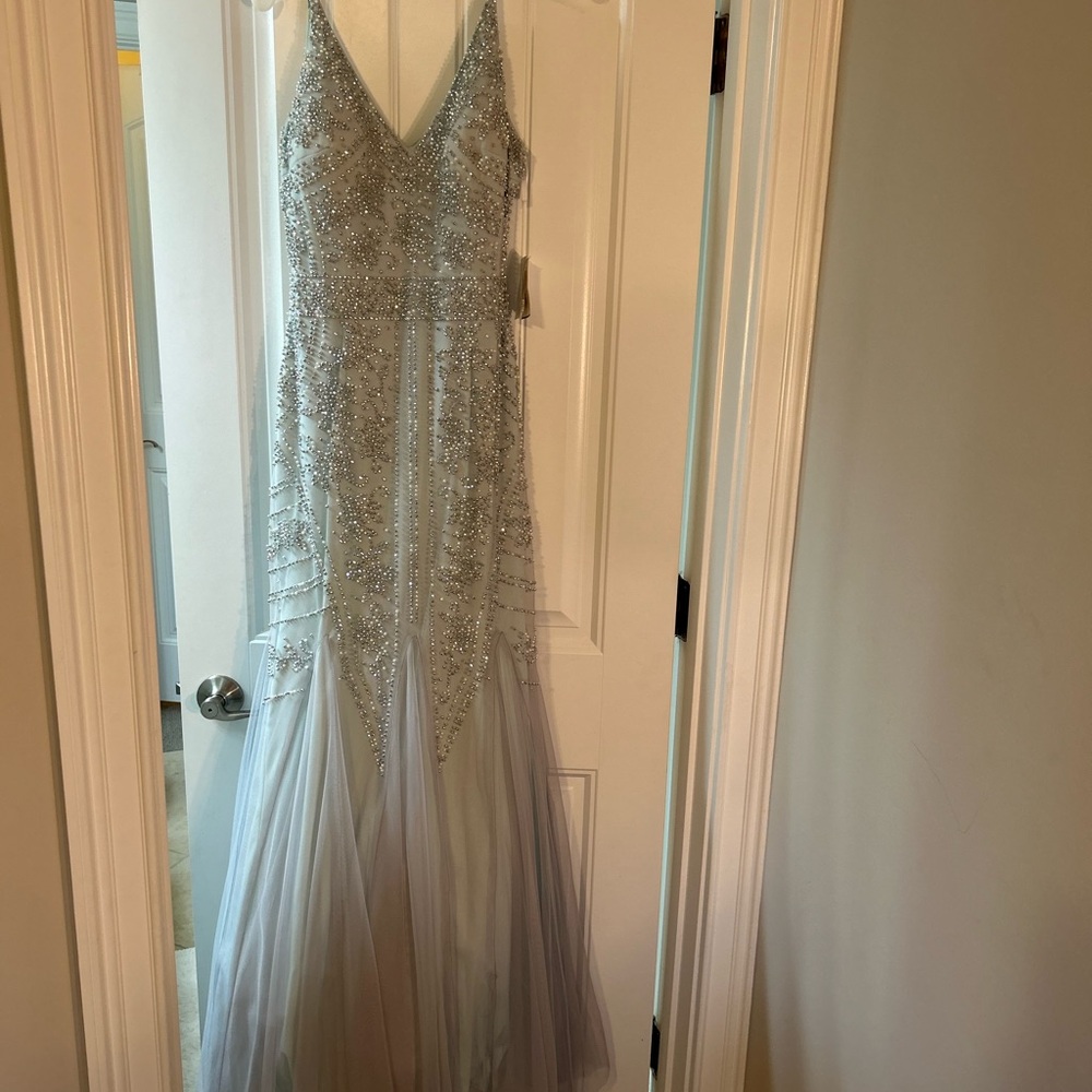 Elegant mint green with silver Beading Gown with tulle overlay Prom/formal